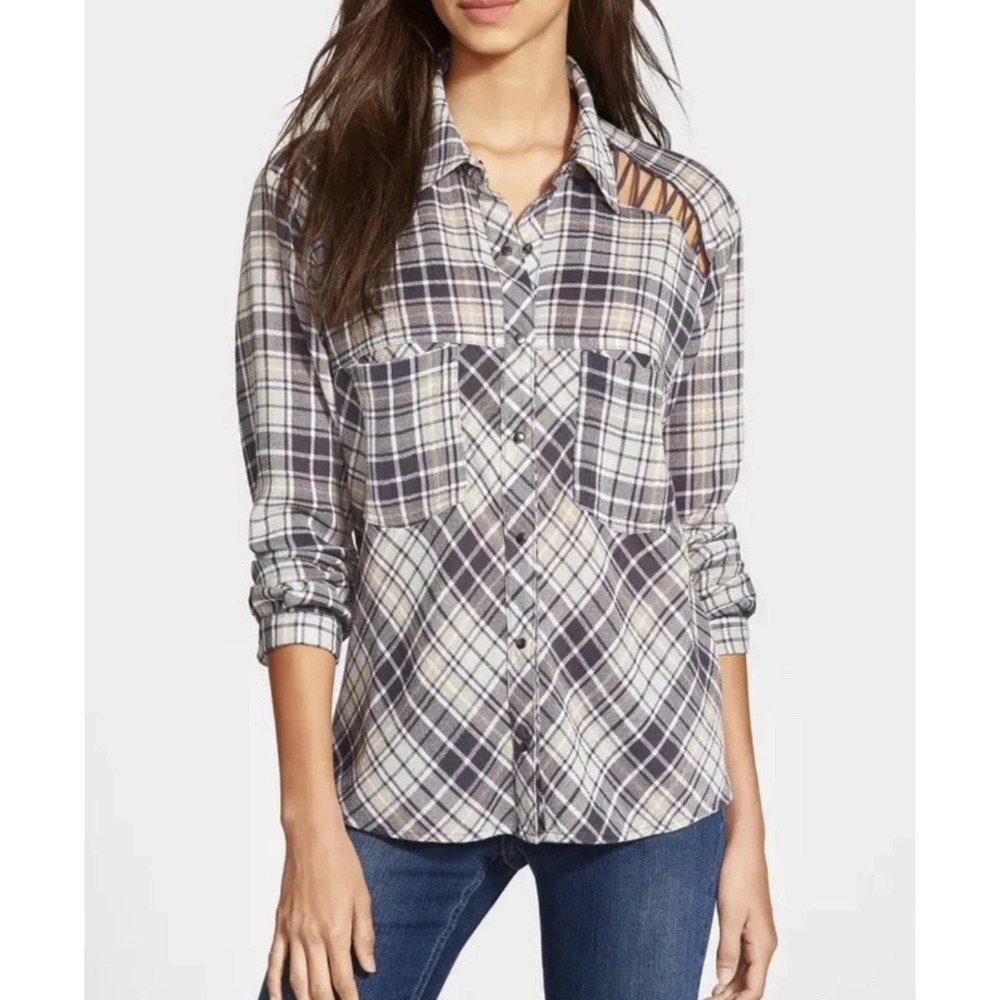 Free People‎ Plaid Button Down Womens S Gray Ladder Cutout Shoulder Flannel EUC